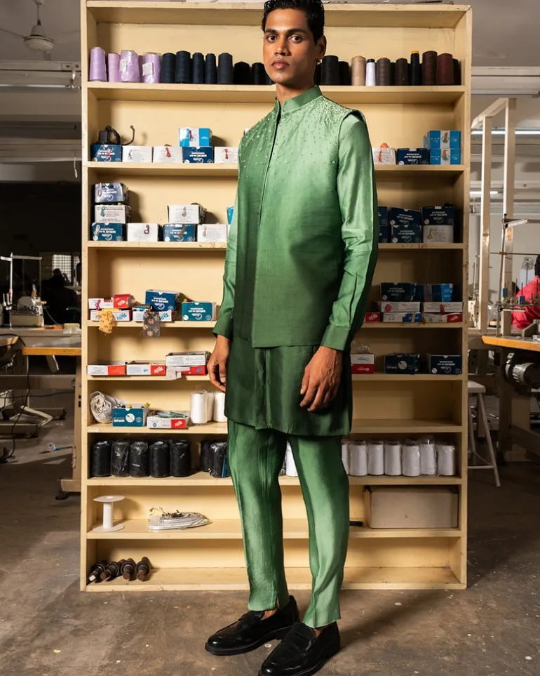 Green Yaara Open Bandi With Matching Kurta Pajama Set