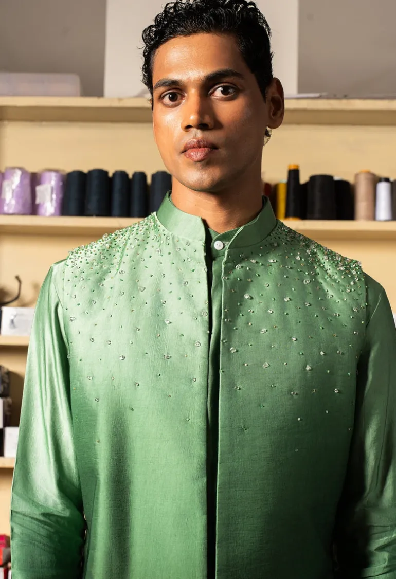 Green Yaara Open Bandi With Matching Kurta Pajama Set