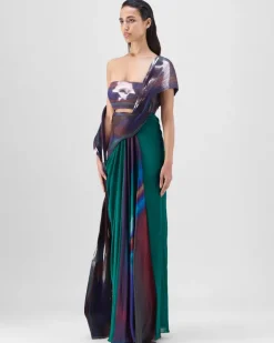 Green-Teal Metallic Micro Pleated Sari Set