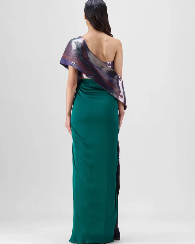 Green-Teal Metallic Micro Pleated Sari Set