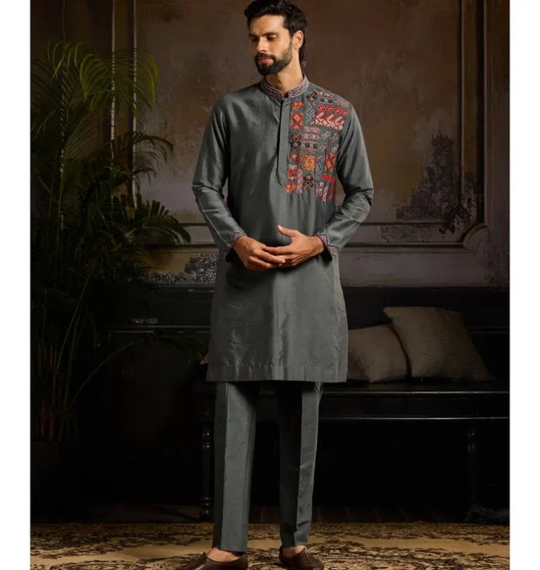 Grey & Colorfull Trible Embroidered Kurta Paired With Grey Pants