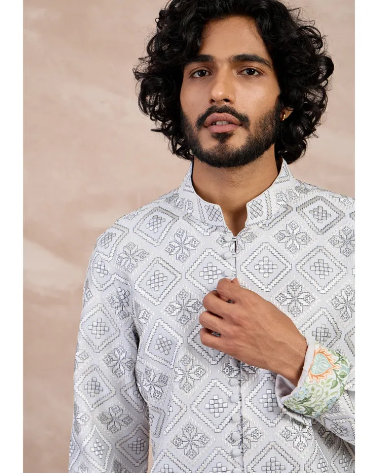 Grey & Ivory Dice Full Lupi Button Kurta Set
