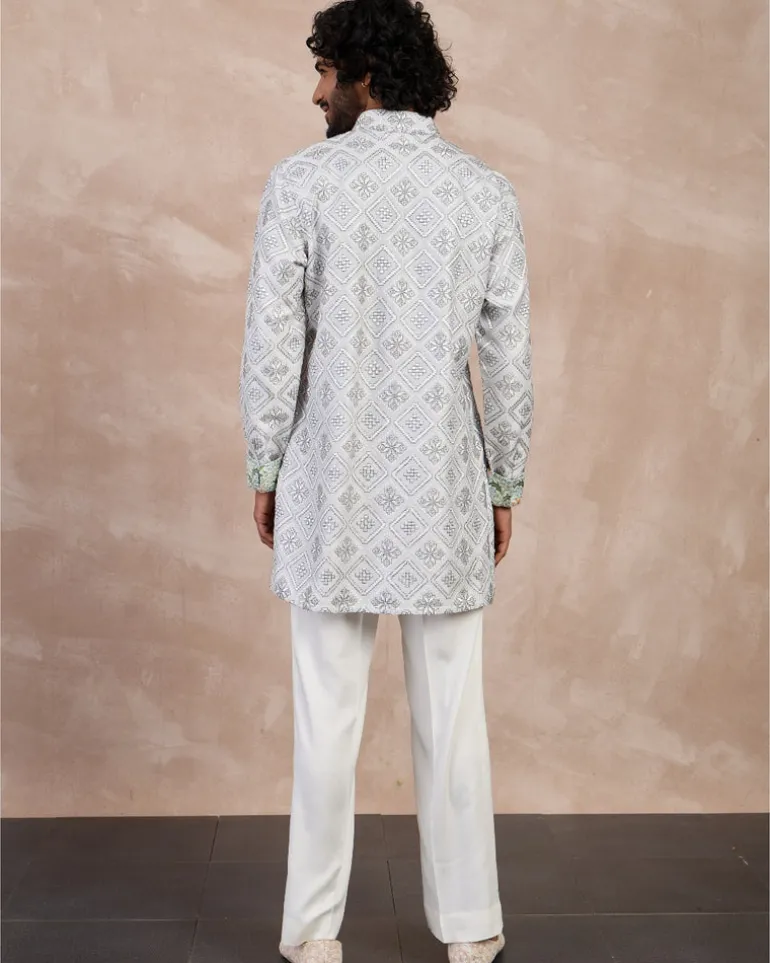 Grey & Ivory Dice Full Lupi Button Kurta Set