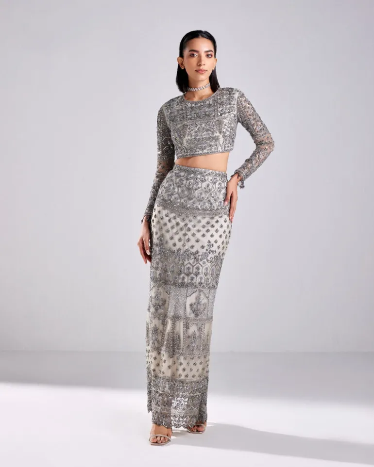 Grey Embroidered Crop Top And Skirt Set