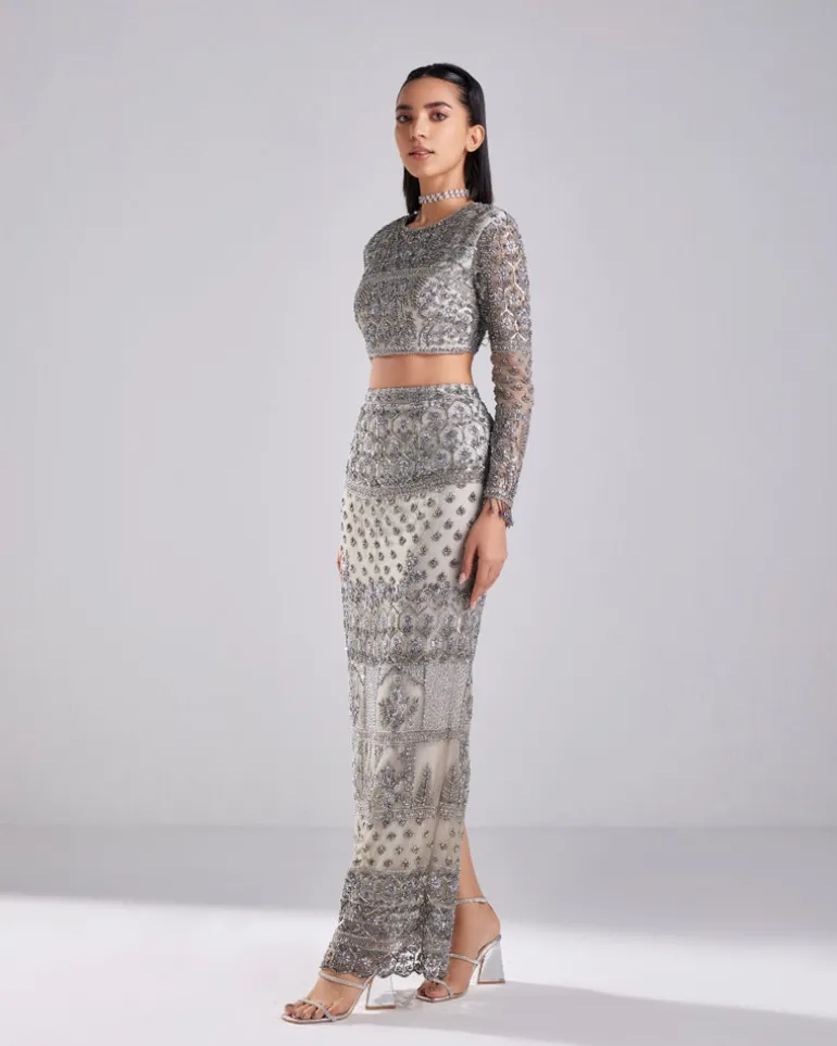 Grey Embroidered Crop Top And Skirt Set