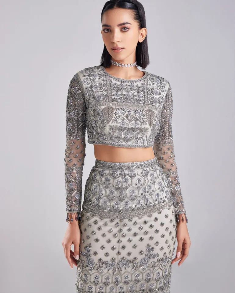 Grey Embroidered Crop Top And Skirt Set