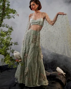 Grey Green Cape Lehenga Set