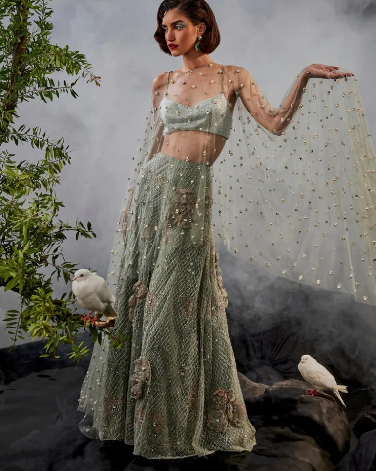 Grey Green Cape Lehenga Set