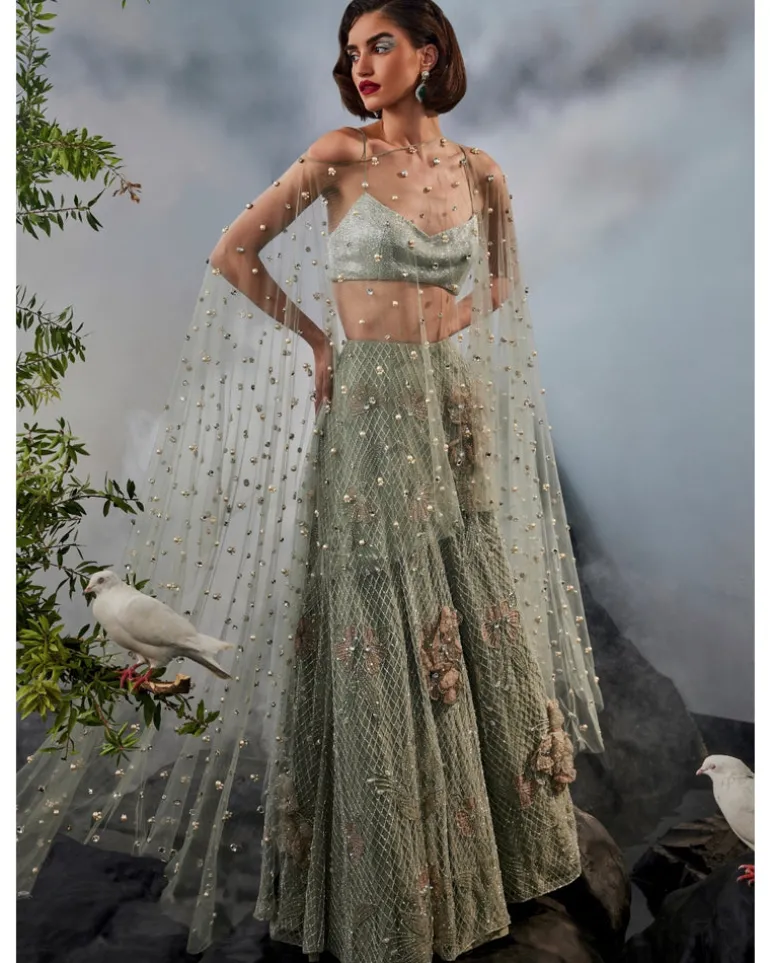 Grey Green Cape Lehenga Set