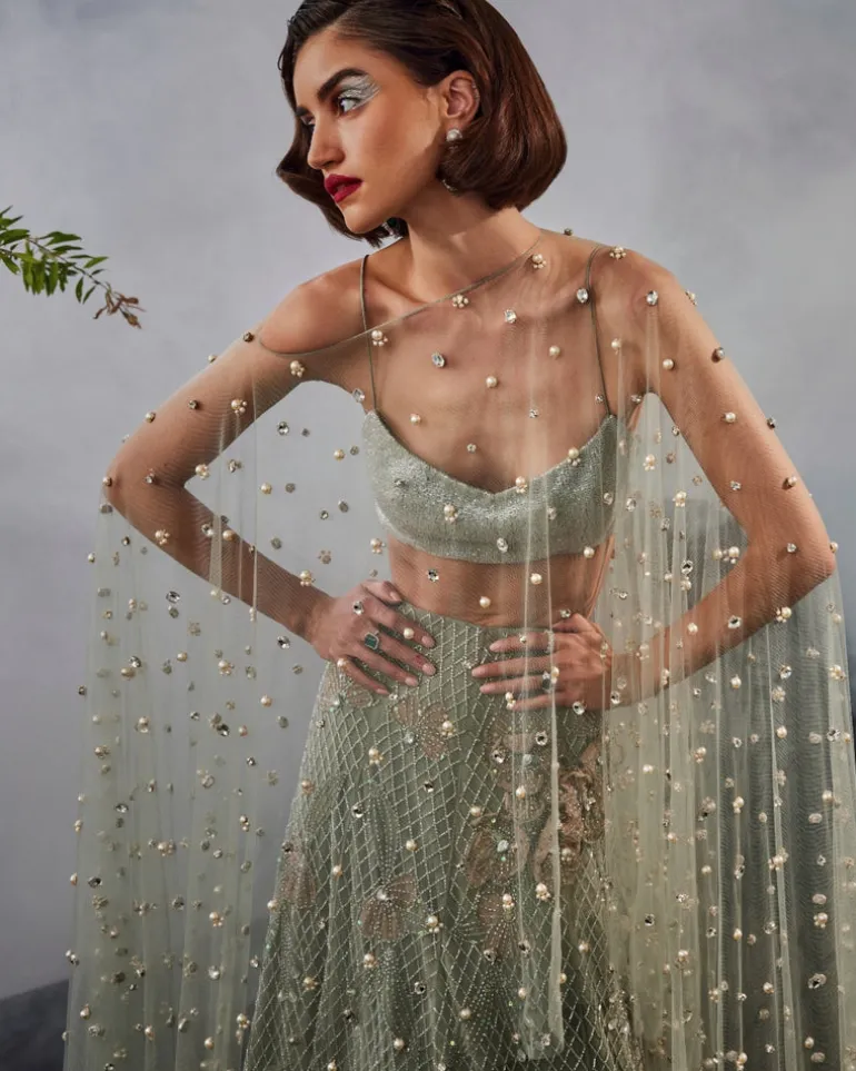 Grey Green Cape Lehenga Set