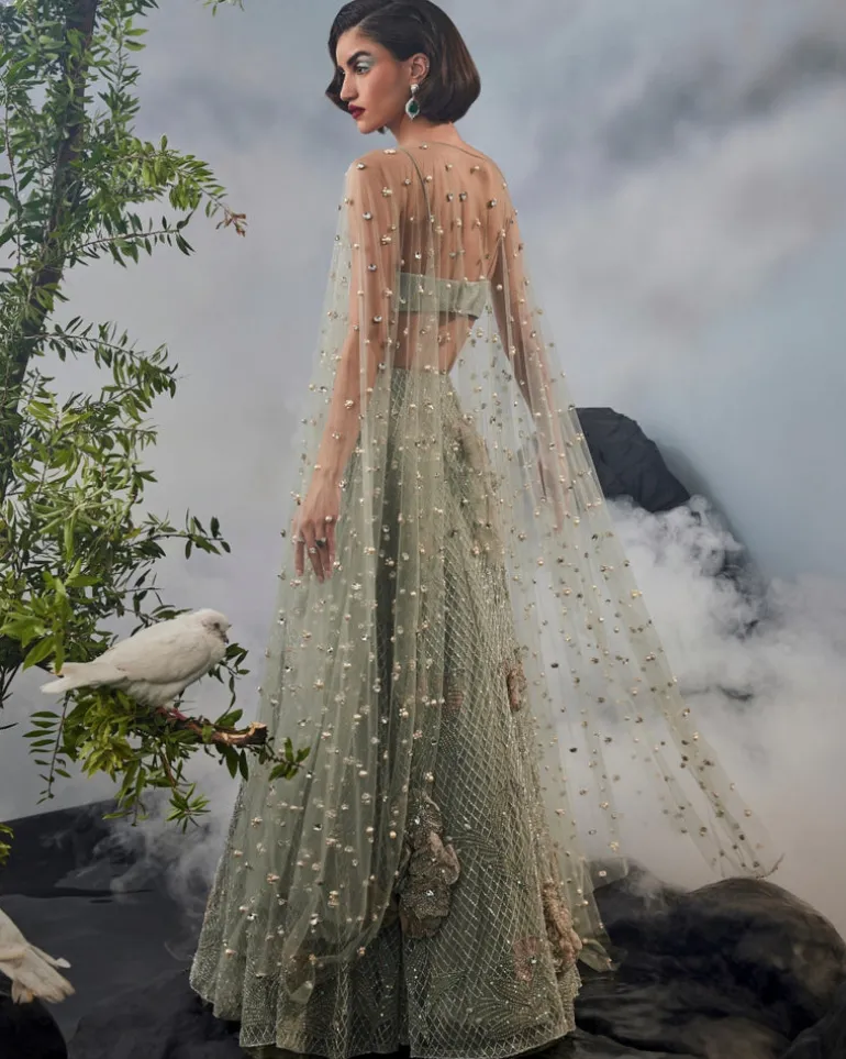 Grey Green Cape Lehenga Set