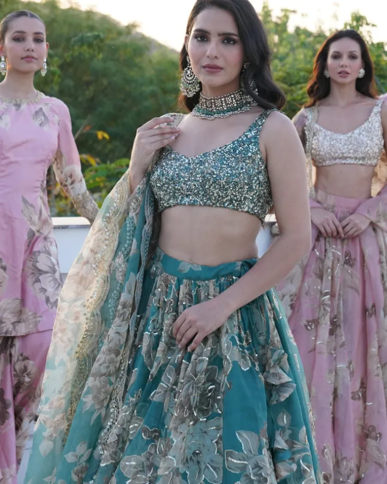 Grey Organza Floral Lehenga Set