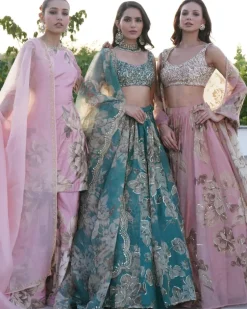 Grey Organza Floral Lehenga Set