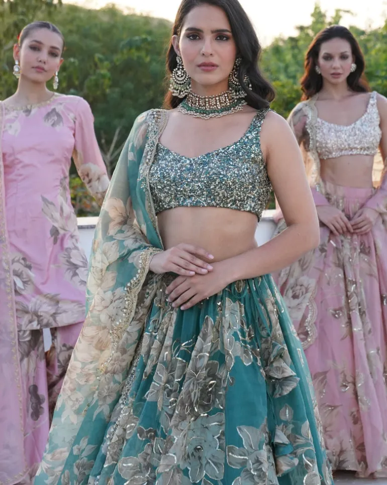 Grey Organza Floral Lehenga Set
