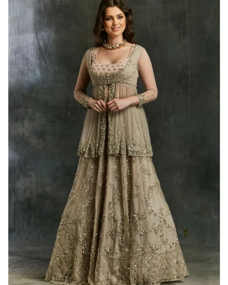Grey Sequin Organza Lehenga With Peplum Work Blouse