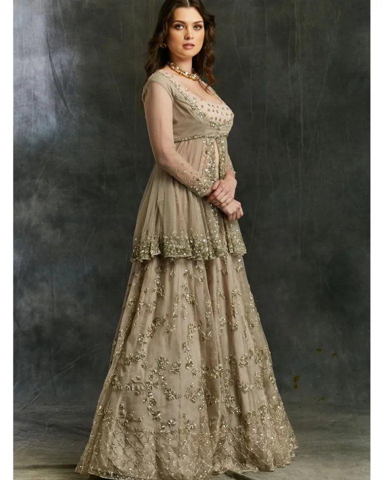 Grey Sequin Organza Lehenga With Peplum Work Blouse
