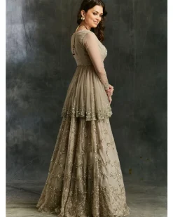 Grey Sequin Organza Lehenga With Peplum Work Blouse