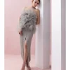 Grey Slit Skirt Skirt with Ruffle Poof Blouse Set