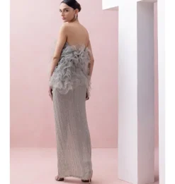 Grey Slit Skirt Skirt with Ruffle Poof Blouse Set