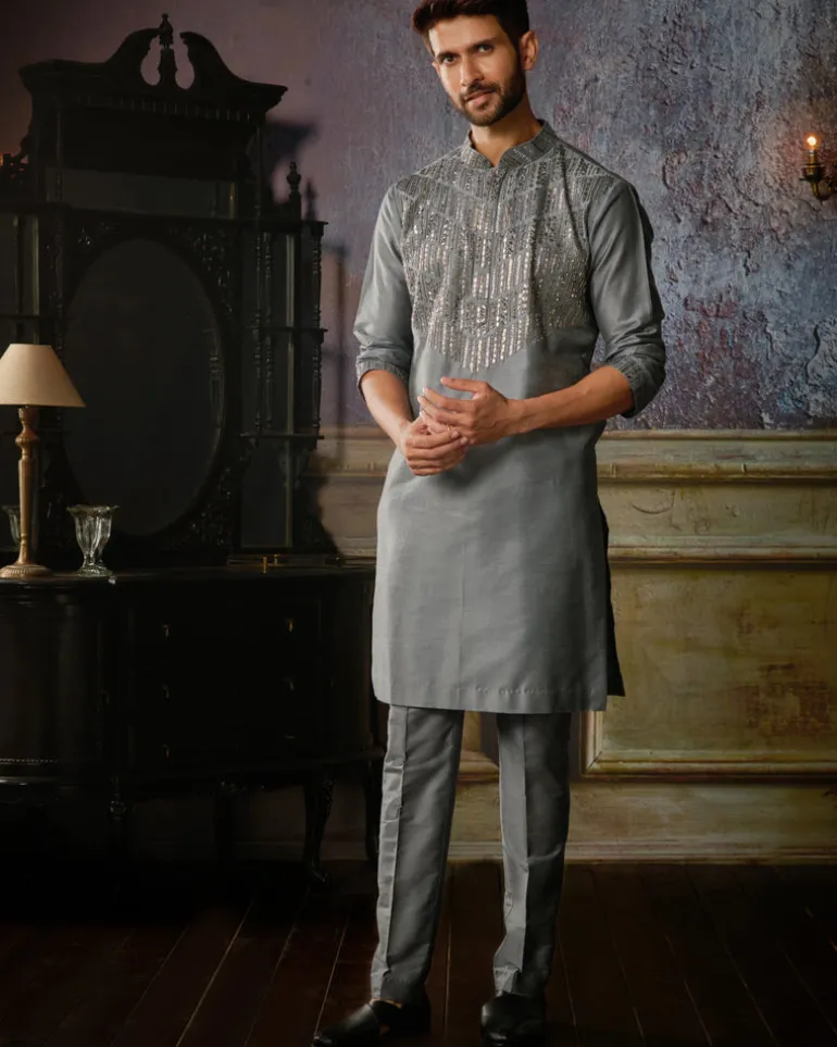 Grey With Gunmetal Embroidered Kurta With Grey Pants