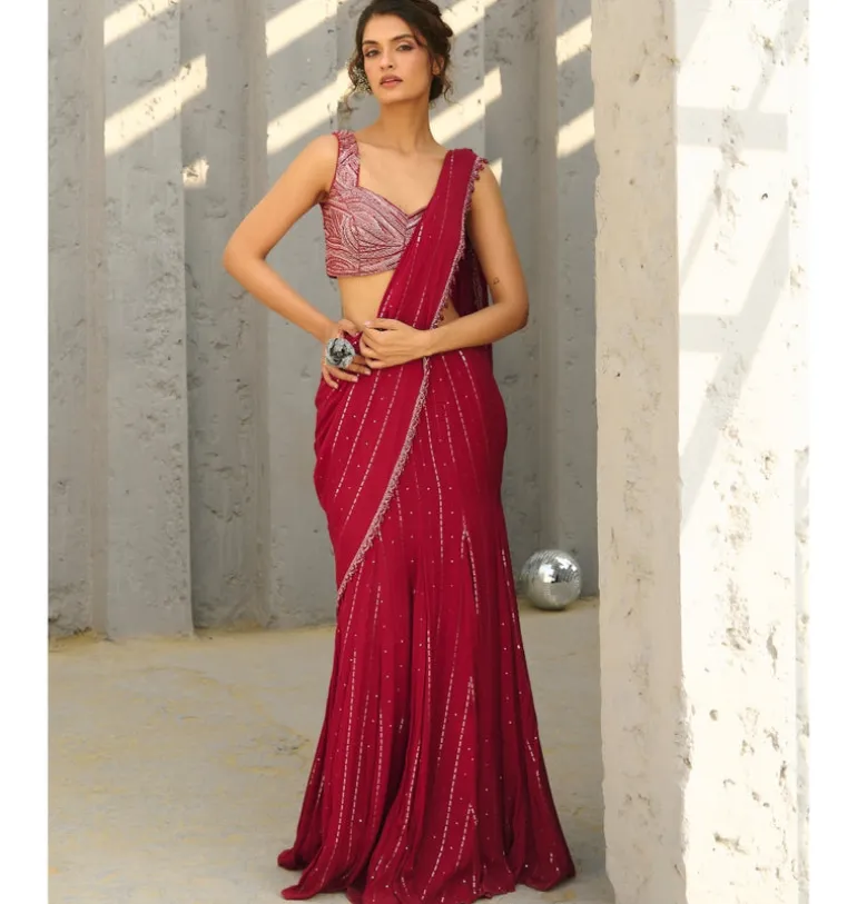 Halley Red Pre-Draped Sari Set