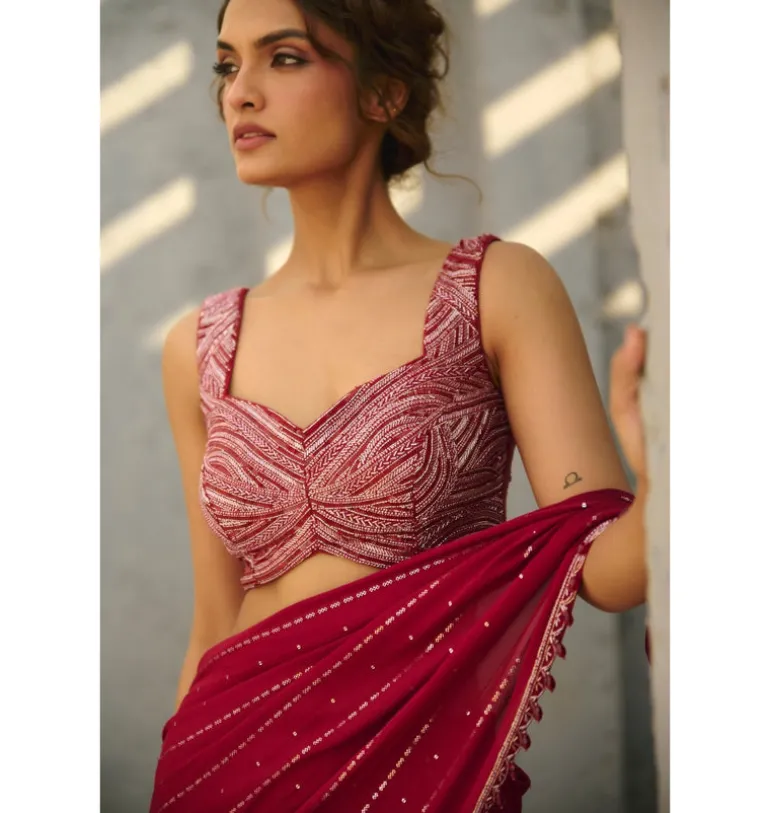 Halley Red Pre-Draped Sari Set