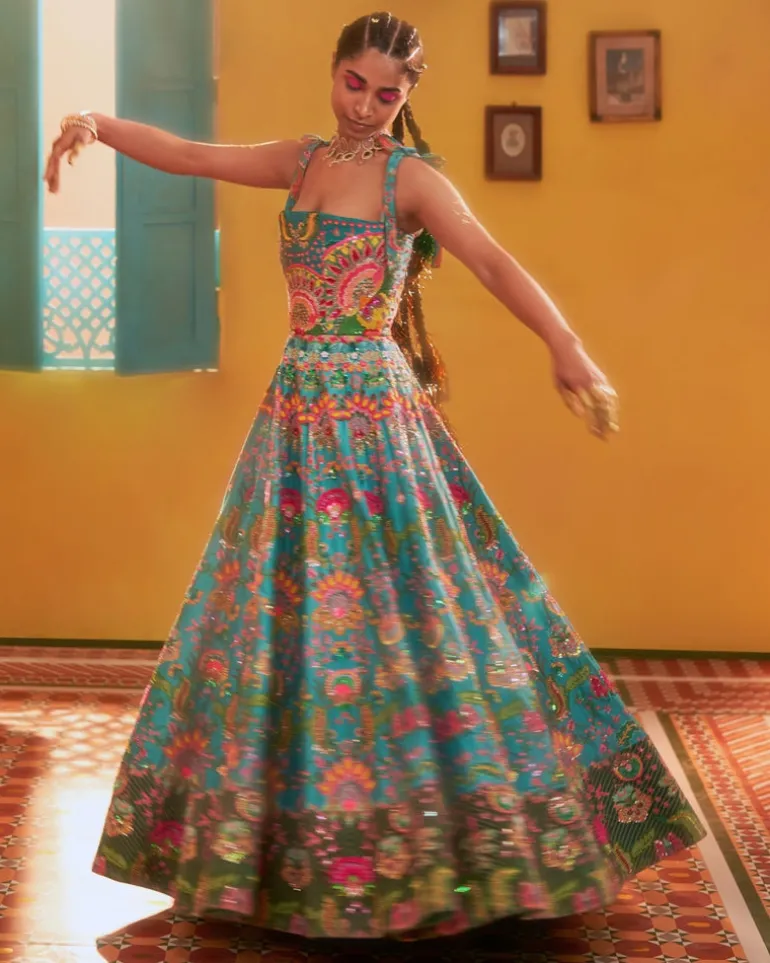 Hawaiian Teal Embroidered Corset Gown