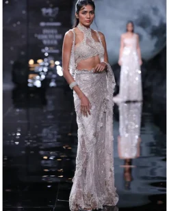 Hecate Dusty Ivory Shimmer Tulle Bridal Lehenga Sari With Halter Blouse