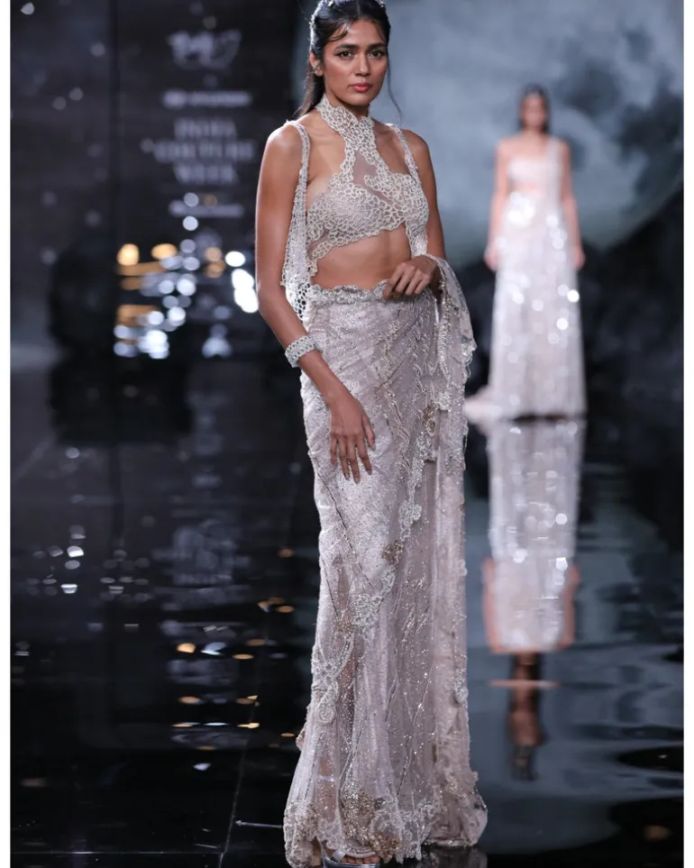 Hecate Dusty Ivory Shimmer Tulle Bridal Lehenga Sari With Halter Blouse