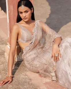 Hecate Dusty Ivory Shimmer Tulle Bridal Lehenga Sari