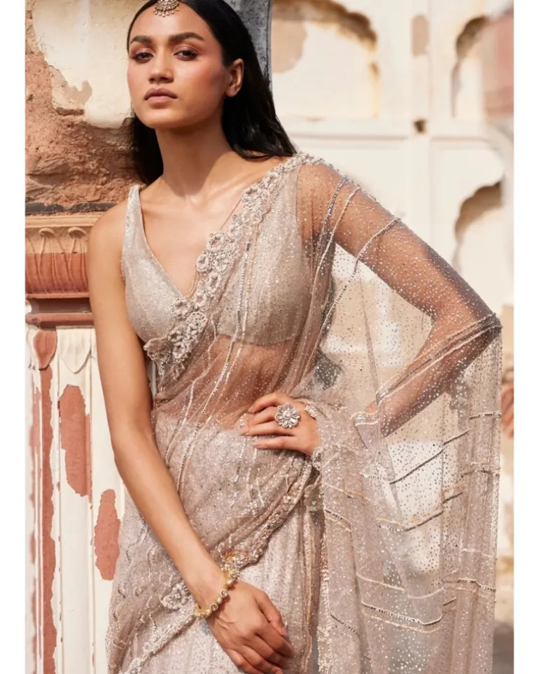 Hecate Dusty Ivory Shimmer Tulle Bridal Lehenga Sari