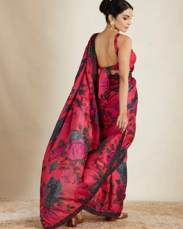 Hot Pink Floral Sari Set