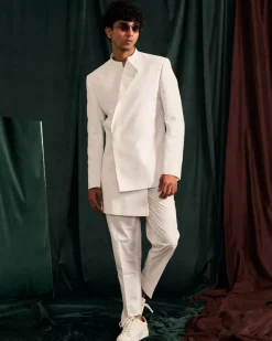 Ice Asymmetric Giza Cotton Bandhgala Set