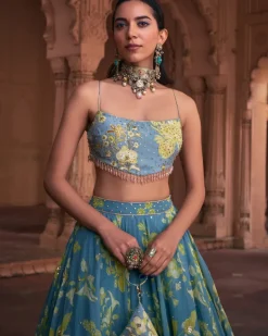 Ice Blue Floral Printed And Highlighted Lehenga Set