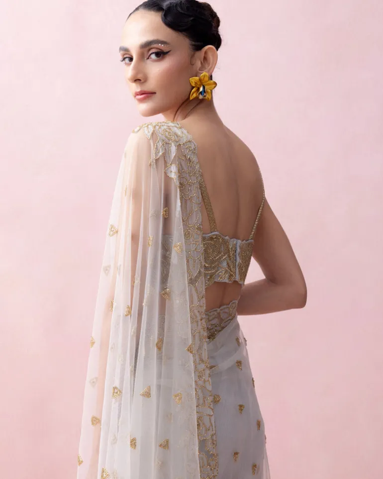 Ice Blue Sari With Organza Applique Embroidered Blouse And Ruffled Stole