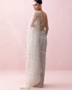 Ice Blue Sari With Organza Applique Embroidered Blouse And Ruffled Stole