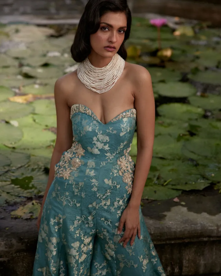 Ice Blue Self Woven Jacquard Jumpsuit