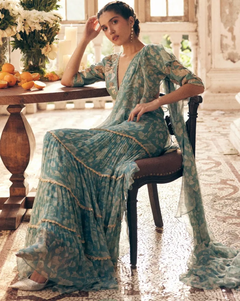Ice Blue Vintage Floral Chiffon Sari Set