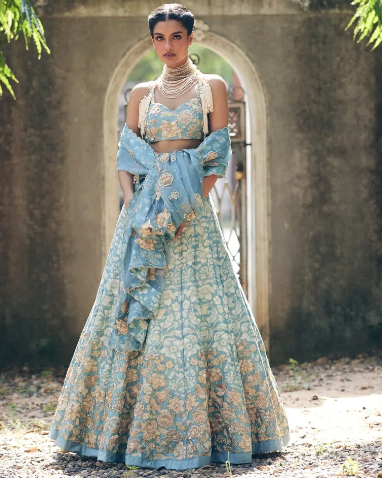 Ice Blue Vintage Floral Printed Lehenga Set