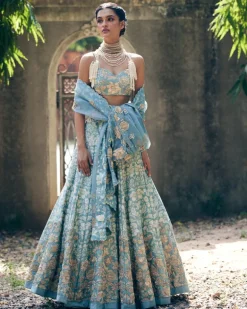 Ice Blue Vintage Floral Printed Lehenga Set