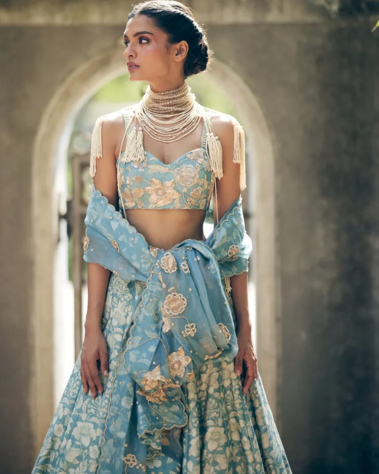 Ice Blue Vintage Floral Printed Lehenga Set