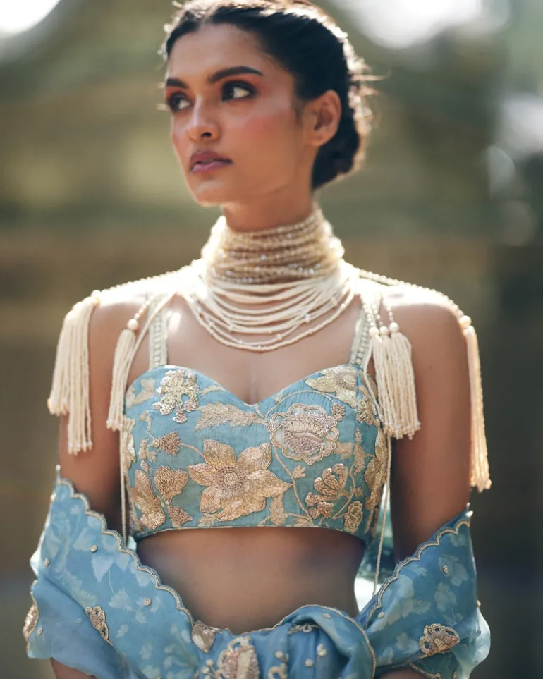 Ice Blue Vintage Floral Printed Lehenga Set