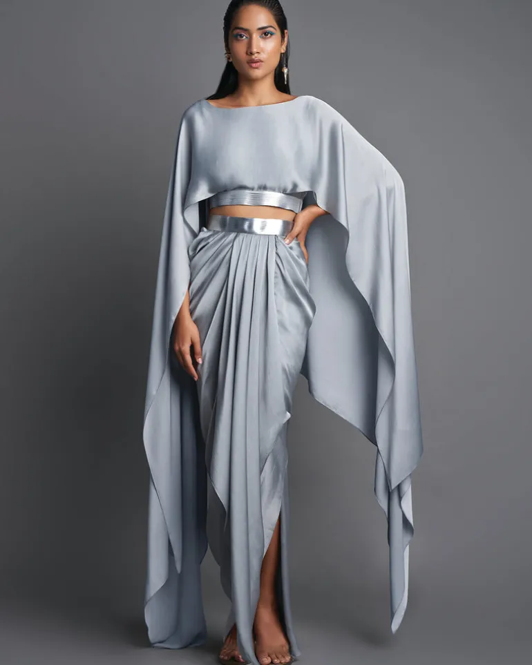 Ice Gray Metallic Top With Draped Skirt Set
