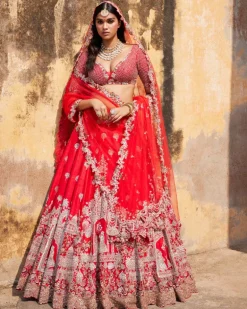 Idalia Red Raw Silk Bridal Lehenga