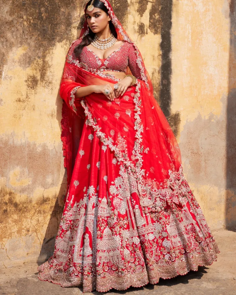 Idalia Red Raw Silk Bridal Lehenga