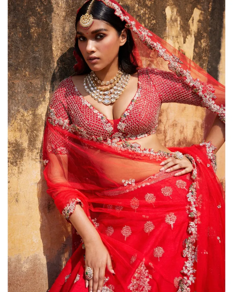 Idalia Red Raw Silk Bridal Lehenga