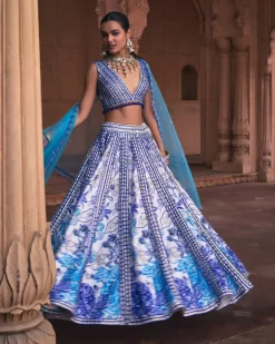 Indigo Blue Floral Frame Print and Embroidered Lehenga Set