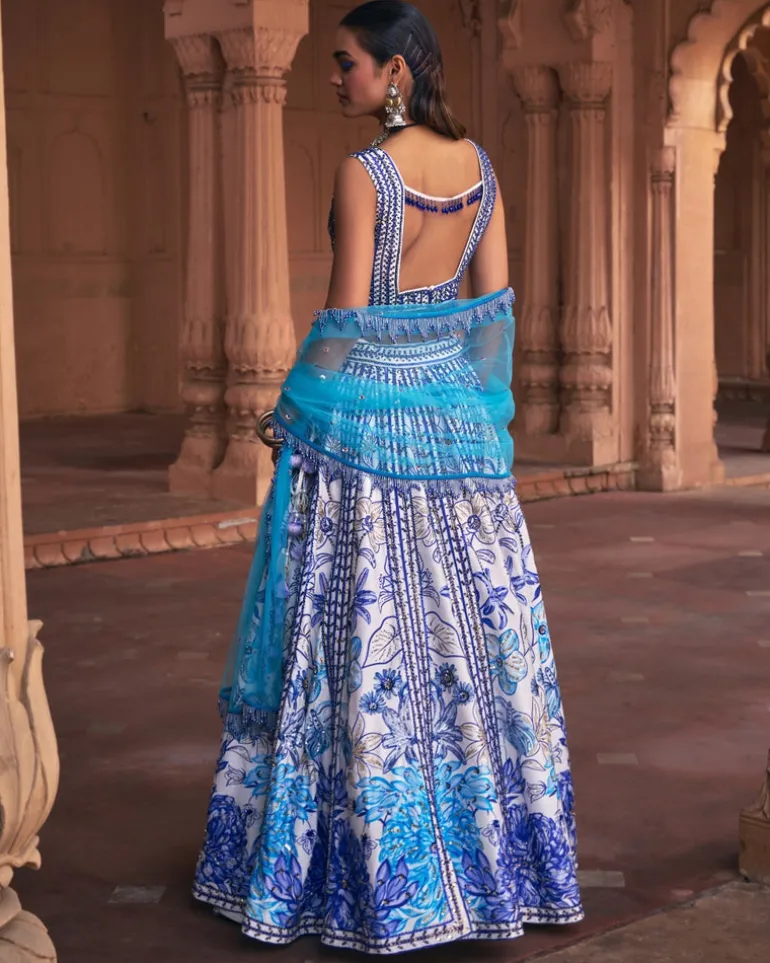 Indigo Blue Floral Frame Print and Embroidered Lehenga Set
