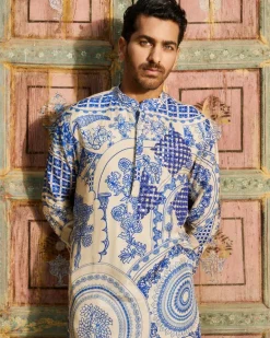 Indigo Blue Thikri Print and Highlighted Kurta Set