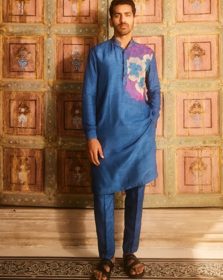 Indigo One Side Embroidered Kurta Set